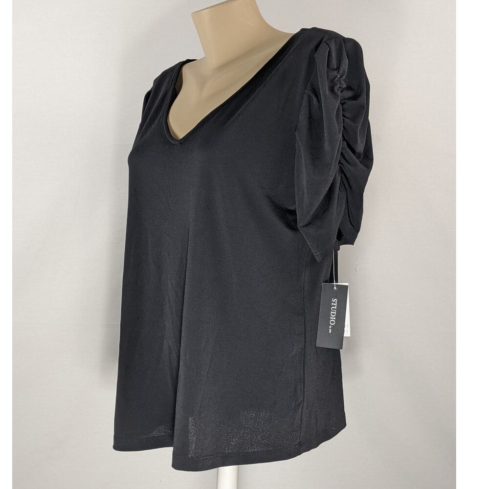JPR Studio Versatile Ruched‎ Sleeve Top Black L V-Neck Office Relaxed Fit Shirt